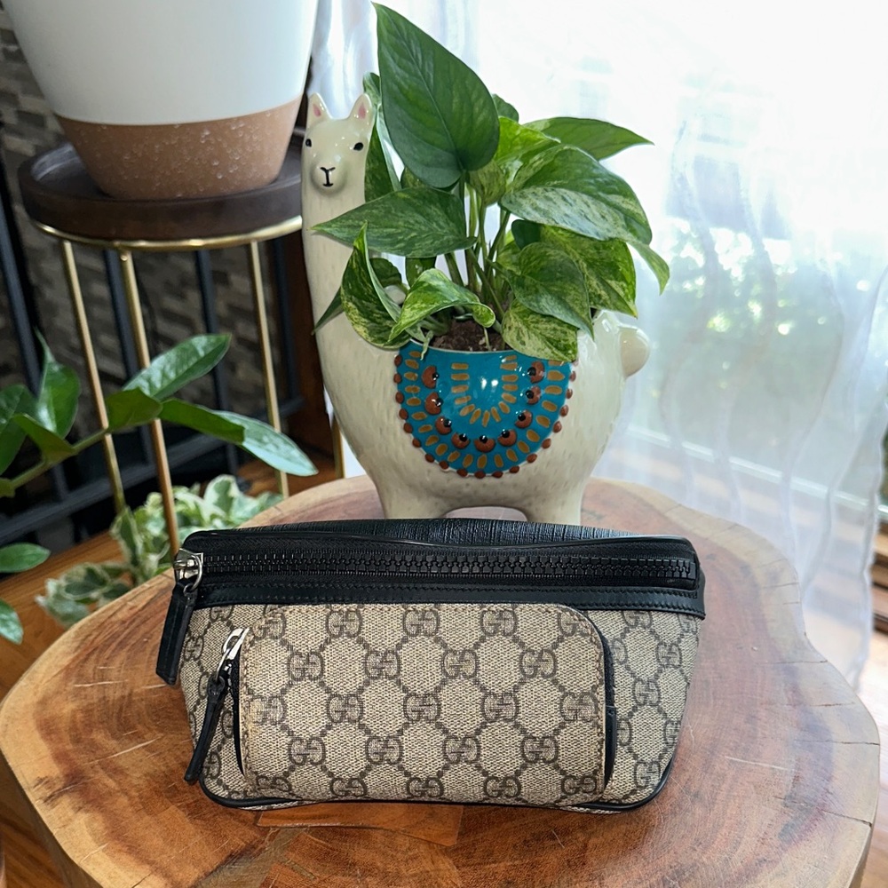 Gucci GG Supreme Belt Bag Black Leather Canvas Crossbody Waist Bag Unisex - Picture 3 of 17